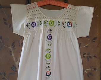 80s cream embroidered boho peasant hippie dress with crochet front