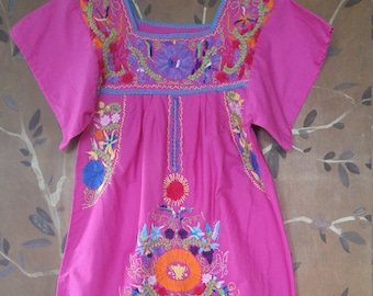70s hot pink embroidered Mexican dress