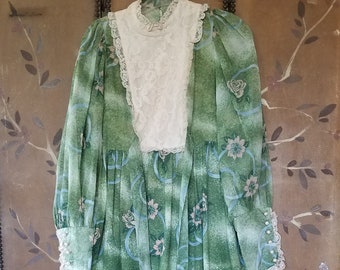70's green flower print and lace high neck prairie style maxi dress by Candi Jones of California