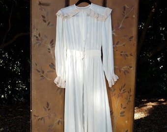 40s sheer ivory embroidered floor length  dressing gown with lace collars and cuffs