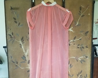 50s super sheer coral maxi night dress with iridescent beaded collar and beaded top of sleeves