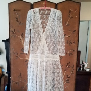80s ivory sheer flowered lace drop waist / bobo wedding / dress maxi dress
