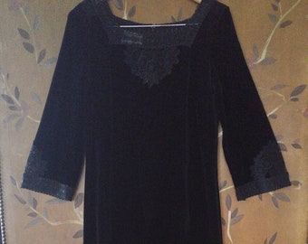 SALE!! 70s black velour maxi boho dress with black crochet trim detail by Butte Knit