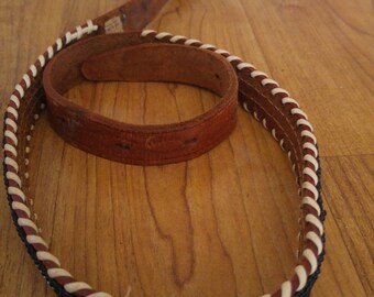 80s Southwestern beaded "Buffalo Bill" leather belt, made in Hong Kong
