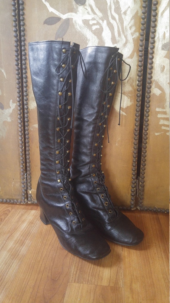 60s black leather knee high lace up kinky boots, n