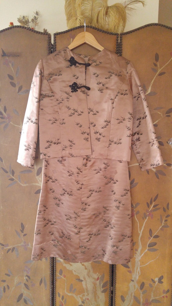 60s Asian dusky pink sateen dress and jacket 2 piece