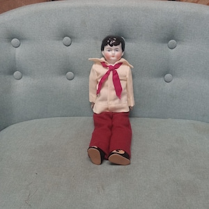 1890s Antique China head boy doll with cloth / stuffed body and bisque hands