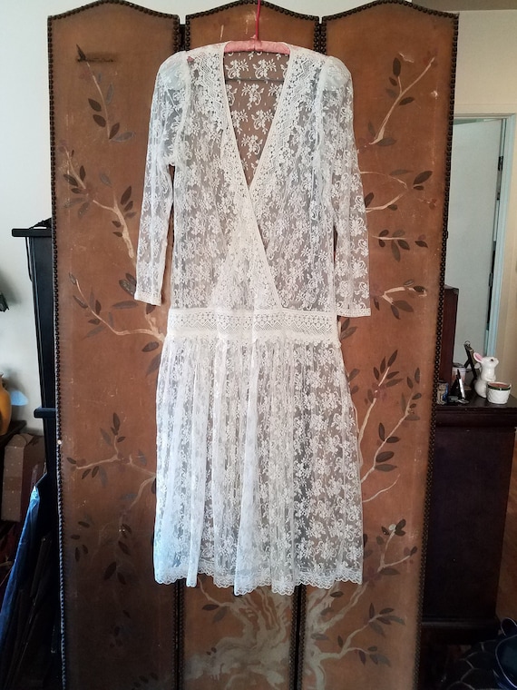 80s Ivory Sheer Flowered Lace Drop Waist / Bobo Wedding / Dress Maxi Dress