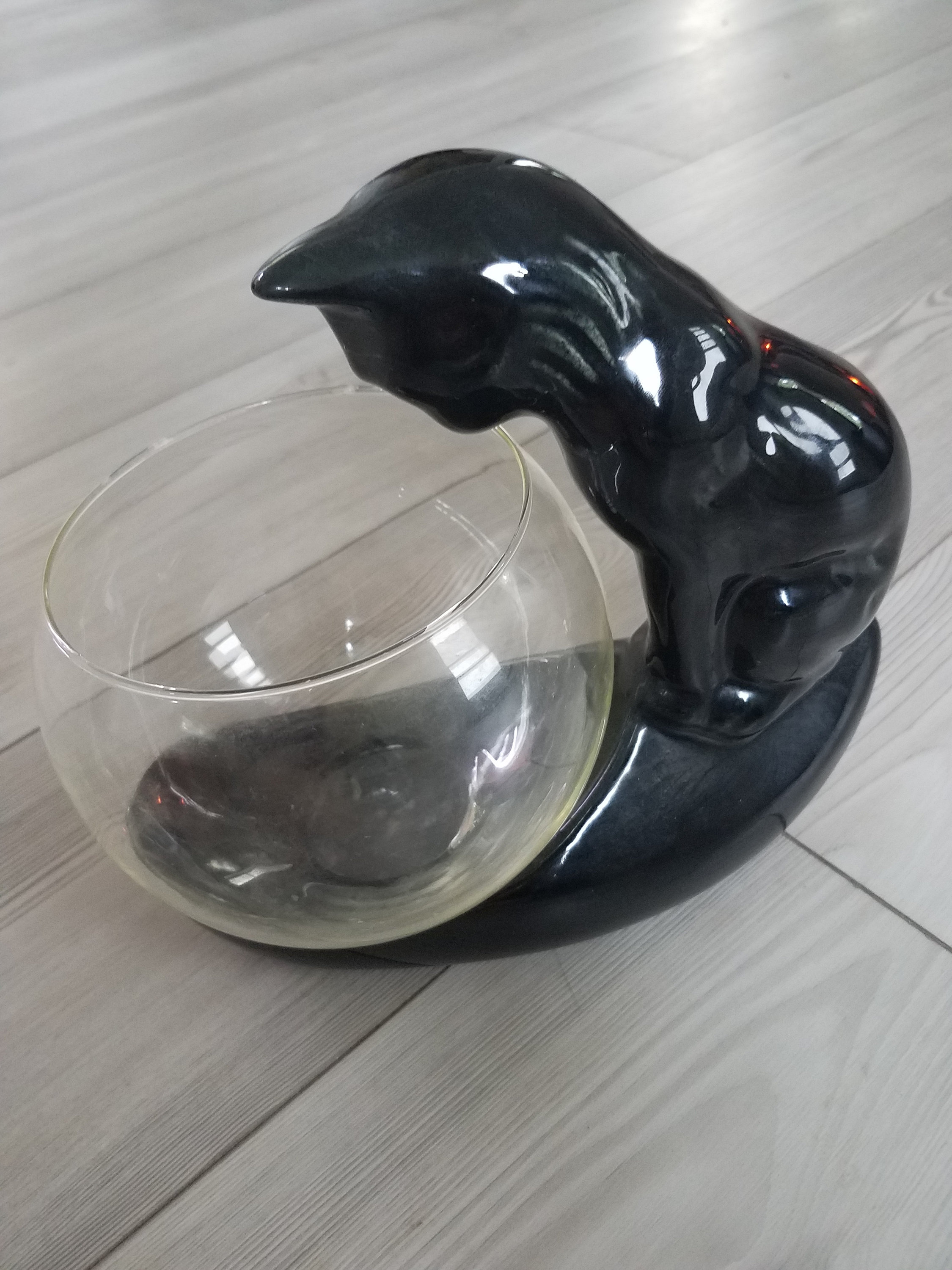 70s Retro Ceramic Black Cat and Glass Bowl Ornament - Etsy