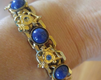 70's Rare DeNicola New York signed gold tone victorian revival style bracelet with blue stones and little blue rhinestones