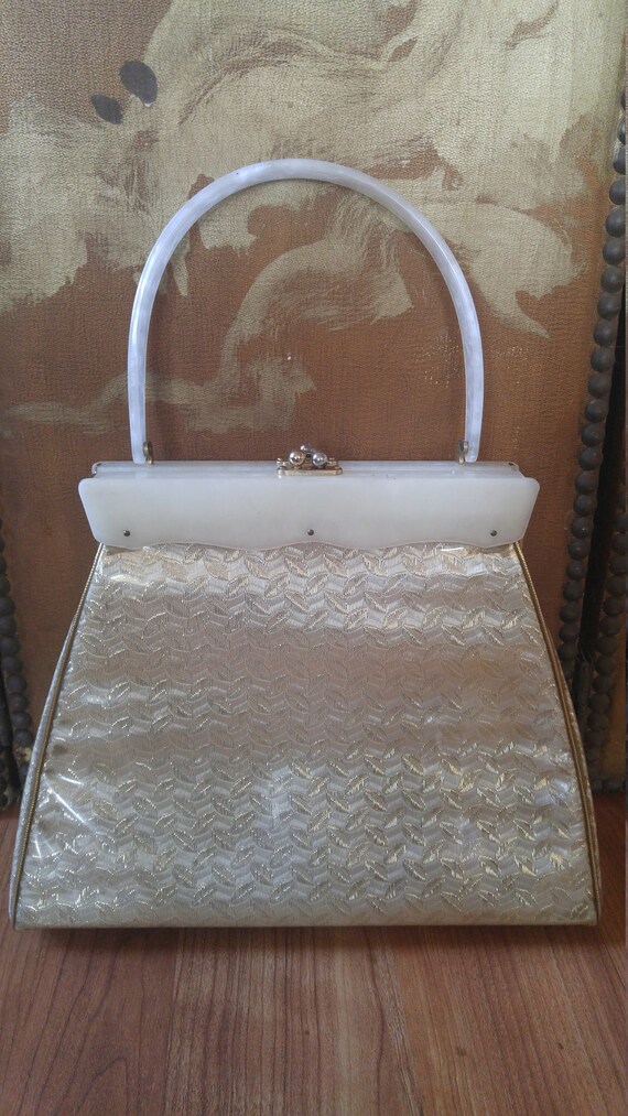 50s metallic gold fabric and vinyl purse with pear