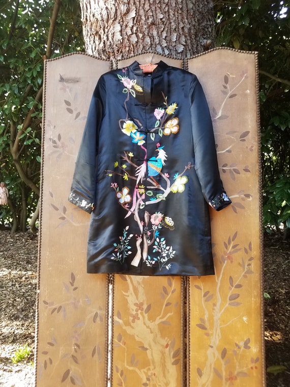 80s black heavily embroidered flower and tropical 