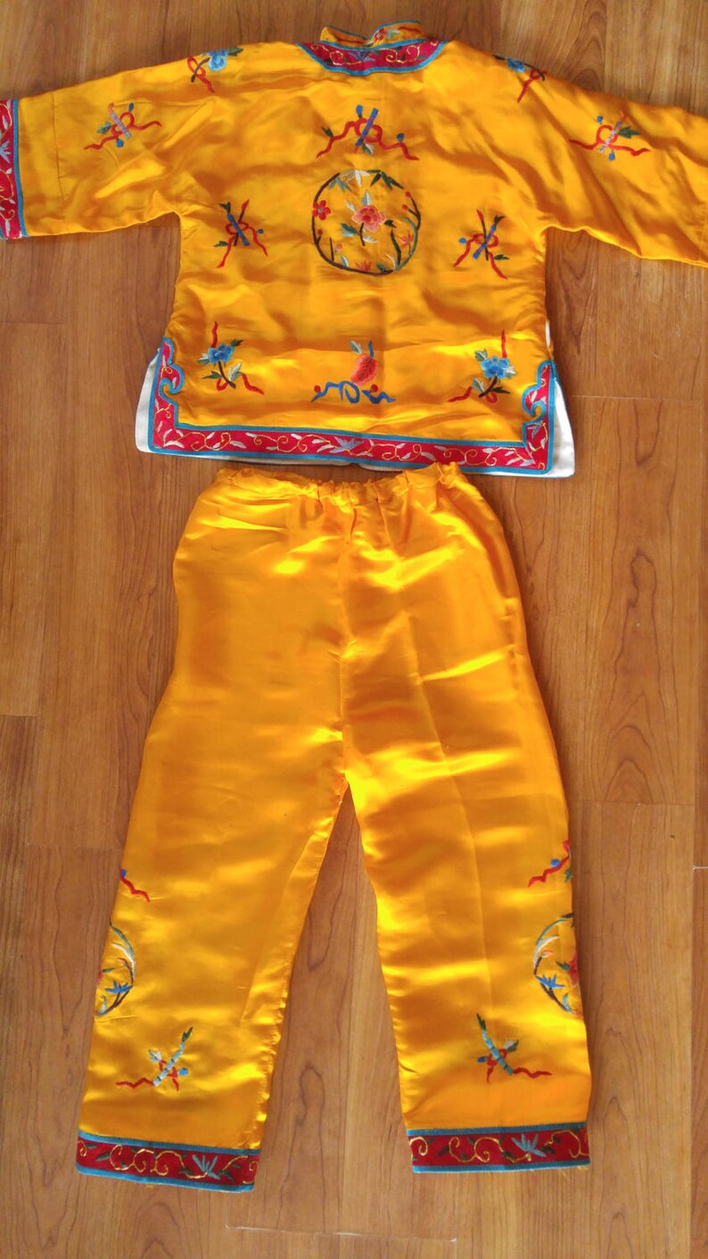 70s Asian bright yellow embroidered childrens pajama set