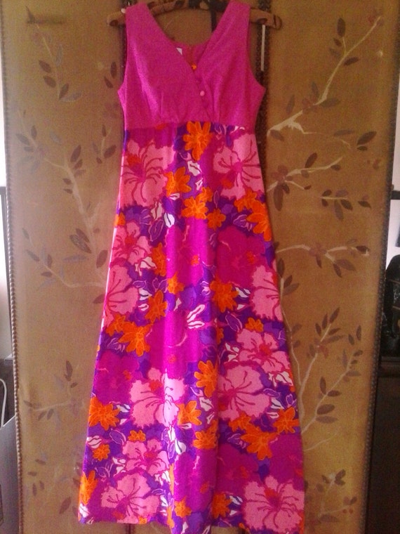 70s psychedelic neon pink and purple Hawaiian maxi