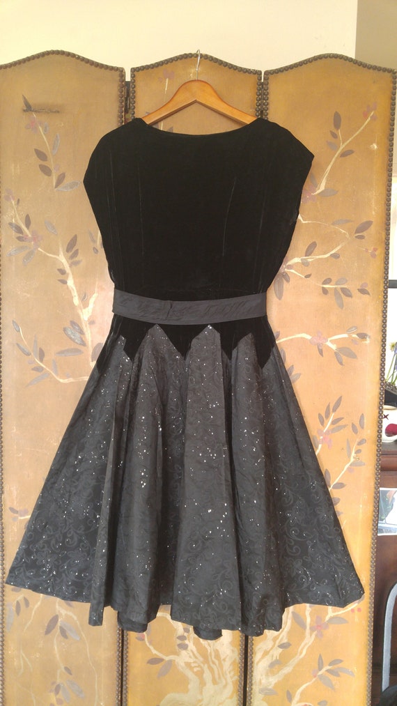 40's black velvet dress with diamante belt and fu… - image 7