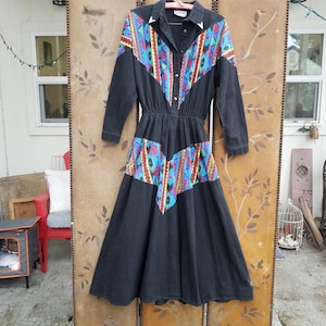 80s black Western dress with full skirt by Sas&#39;sa