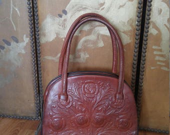 Bolso floreado de cuero mexicano de los años 70 de Mont-Abur