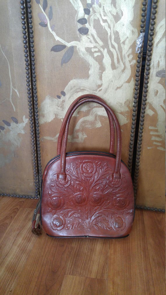 70s Mexican leather hand tooled flowered bag by Mo