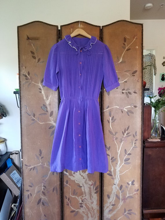 80s purple pleated dress with ruffled peter pan co