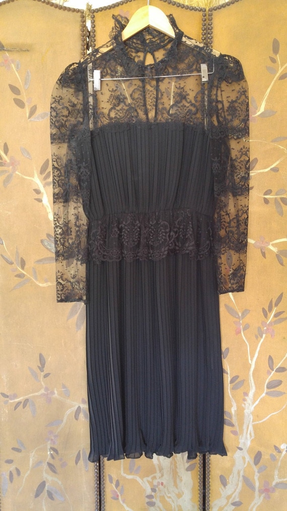 80s black lace pleated evening dress by Michael Ma