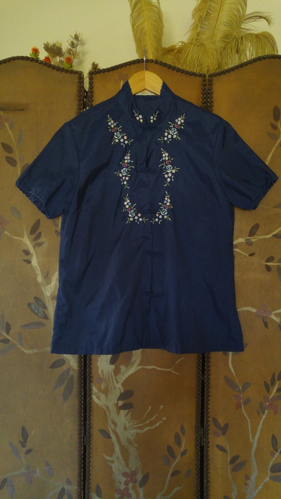 80s Navy blue embroidered Chinese blouse by Fedo | Etsy