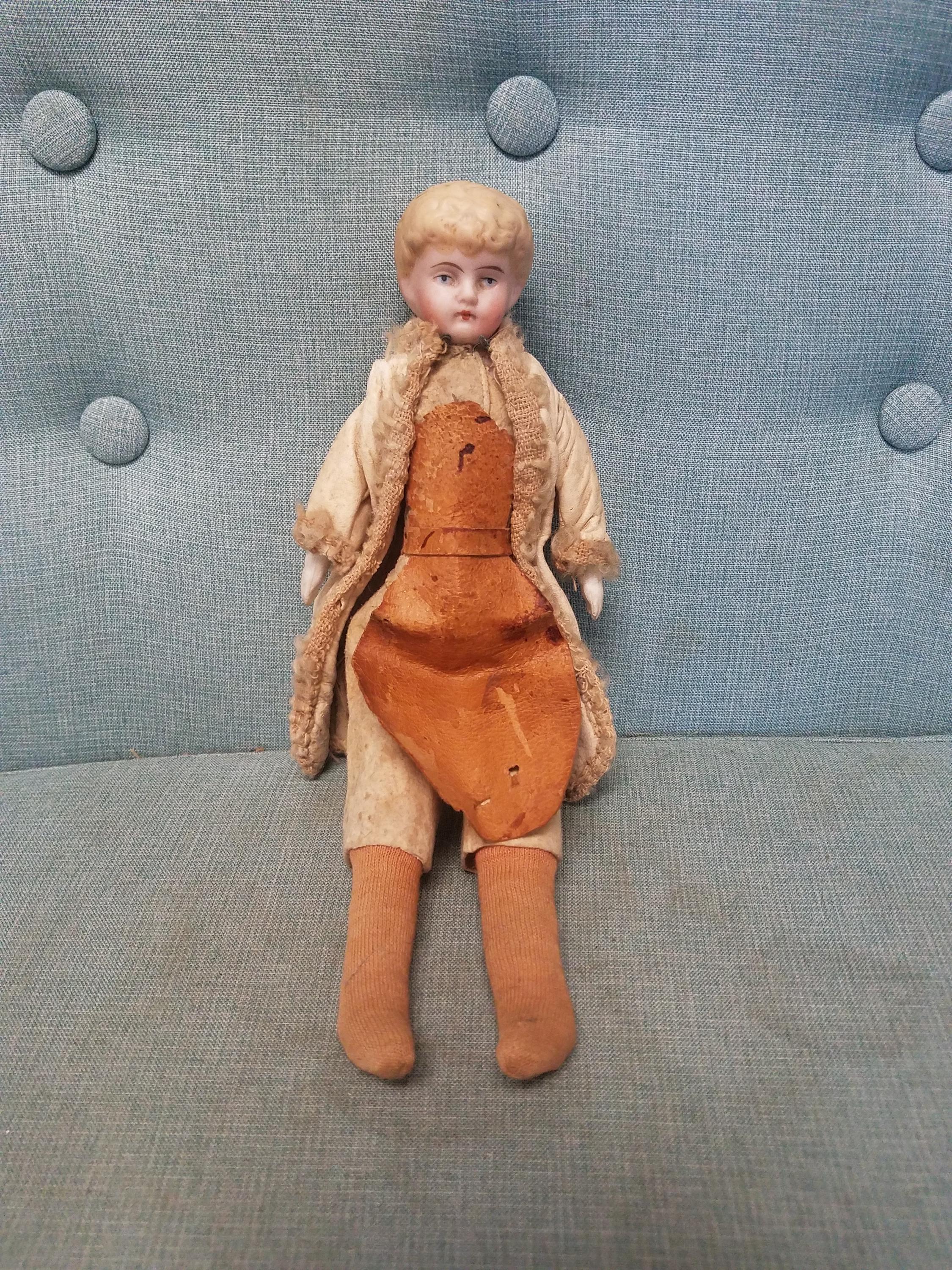 1890s Antique Blonde China Head Doll With Stuffed Body and Leather