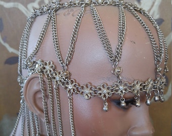 80s Indian filigree silver tone bells and coins head piece / belly dancing head jewelry /head jewelry