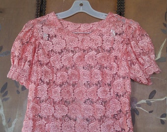 60s coral lace flowered sheer crop blouse with puffed sleeves