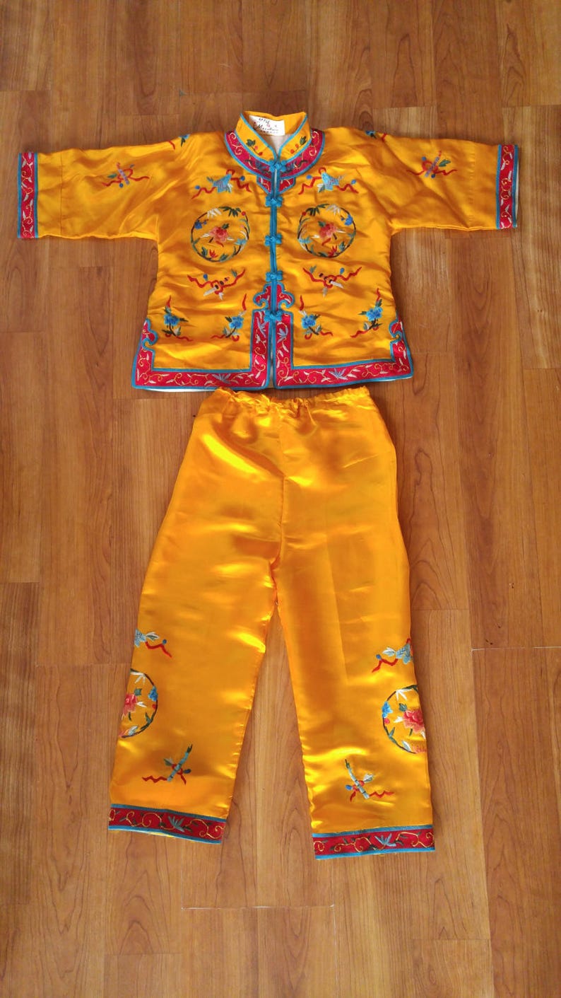 70s Asian bright yellow embroidered childrens pajama set
