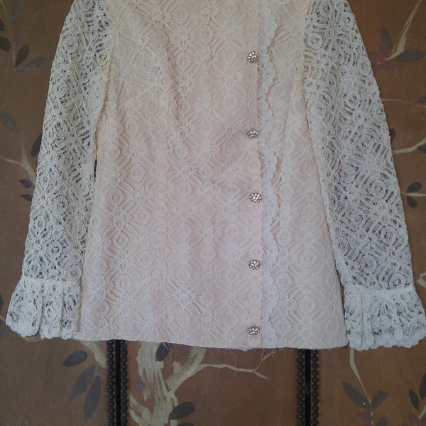 60's Victorian style lace blouse with sheer lace sleeves and frilly cuffs, made by Charles F. Berg, Portland OR