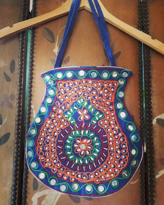 80s ethnic embroidered mirror beaded bag