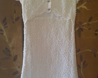 60s white lace, faux pearl and beaded short sleeved dress by Andora, Hong Kong