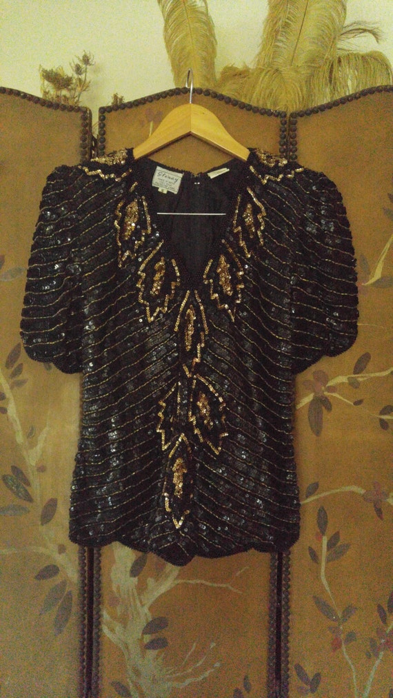 80s Indian silk Stenay black and gold sequin and b