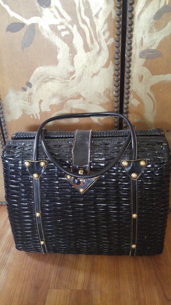 50's Black wicker plastic woven basket / hand bag