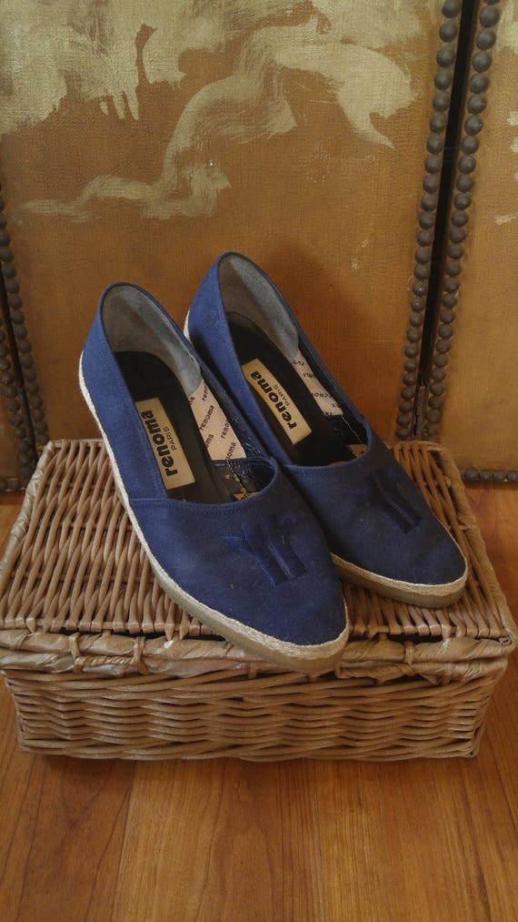 blue canvas wedge shoes