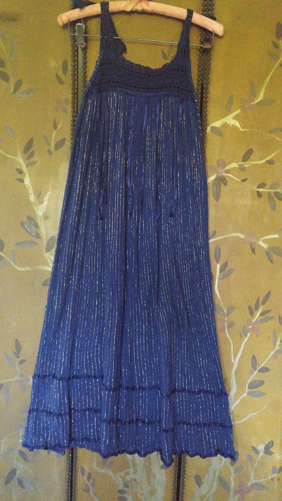 80's navy blue and gold thread gauzy cheesecloth s