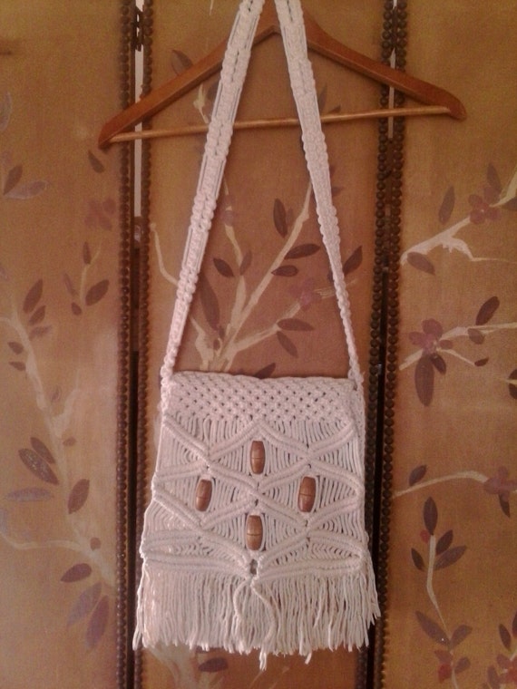 Macrame fringed and beaded 70's shoulder bag