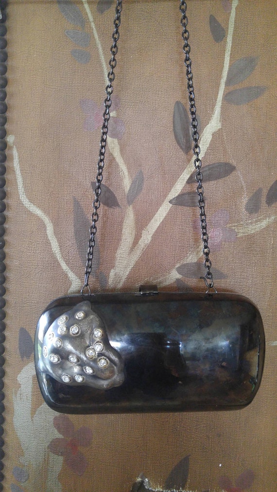 80s metal evening purse / case with Jaguar cat fac