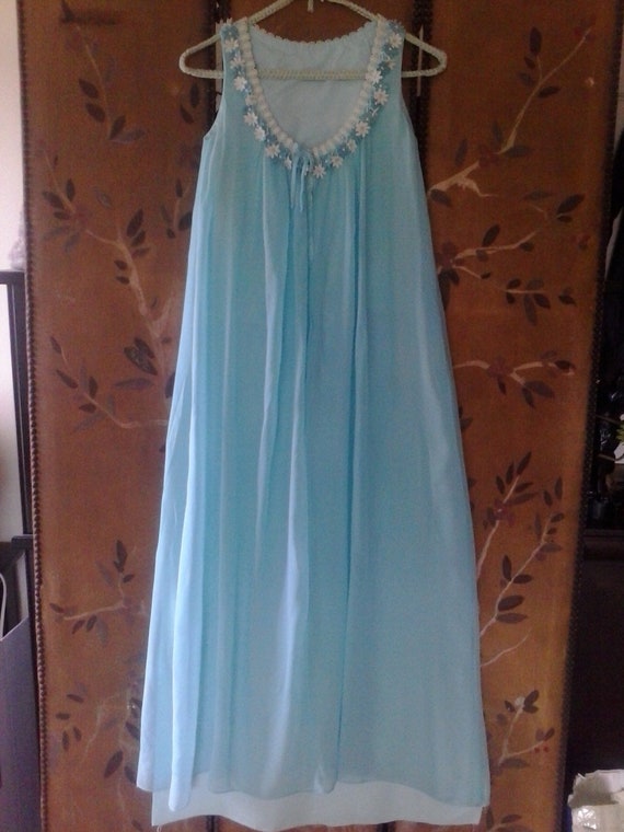 60s light turquoise maxi chiffon daisy dress - image 1