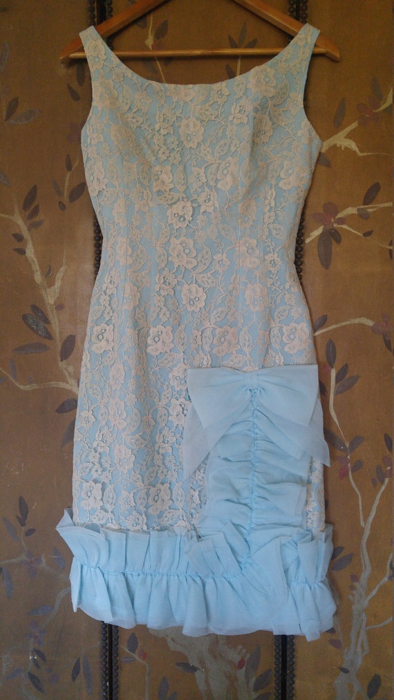 50s light blue and cream lace cocktail dress with… - image 1