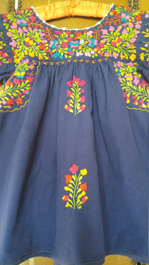 80s blue embroidered flowered peasant smock top - image 2