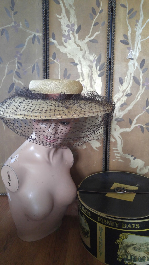 1950's woven wide brim hat with brown net veil and