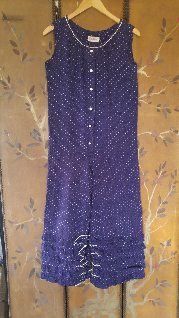 70s Evelyn Pearson Indigo polka dot pantsuit with 