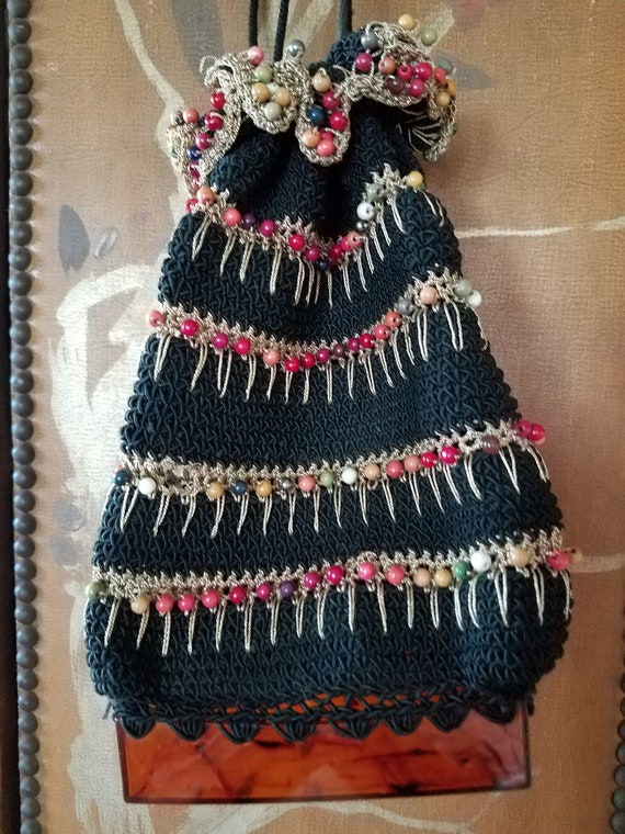 60's black crochet drawstring beaded bag with ambe