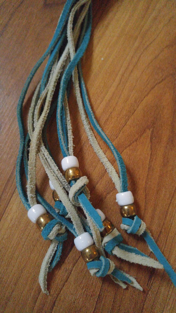 70s hippie / boho turquoise and white woven suede… - image 2