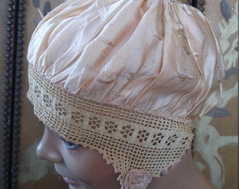 1920s silk and crochet bed cap