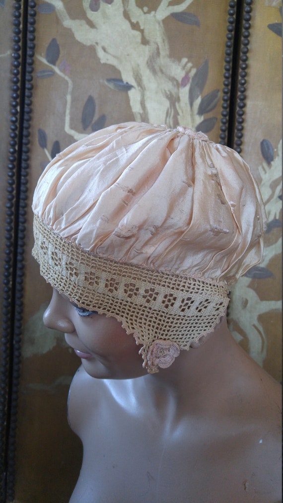 1920s silk and crochet bed cap