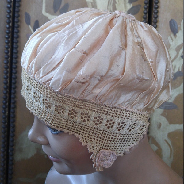1920s silk and crochet bed cap