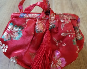 60s red satin Asian wristlet pouch bag with mirrored matching lipstick case