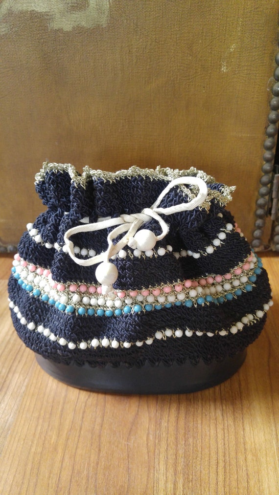 60's crochet beaded tote bag